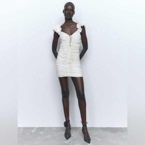 ZARA NWT White Draped Ruched Linen Ruffle Strap Contour Bodycon Tie Mini Dress - Picture 11 of 17